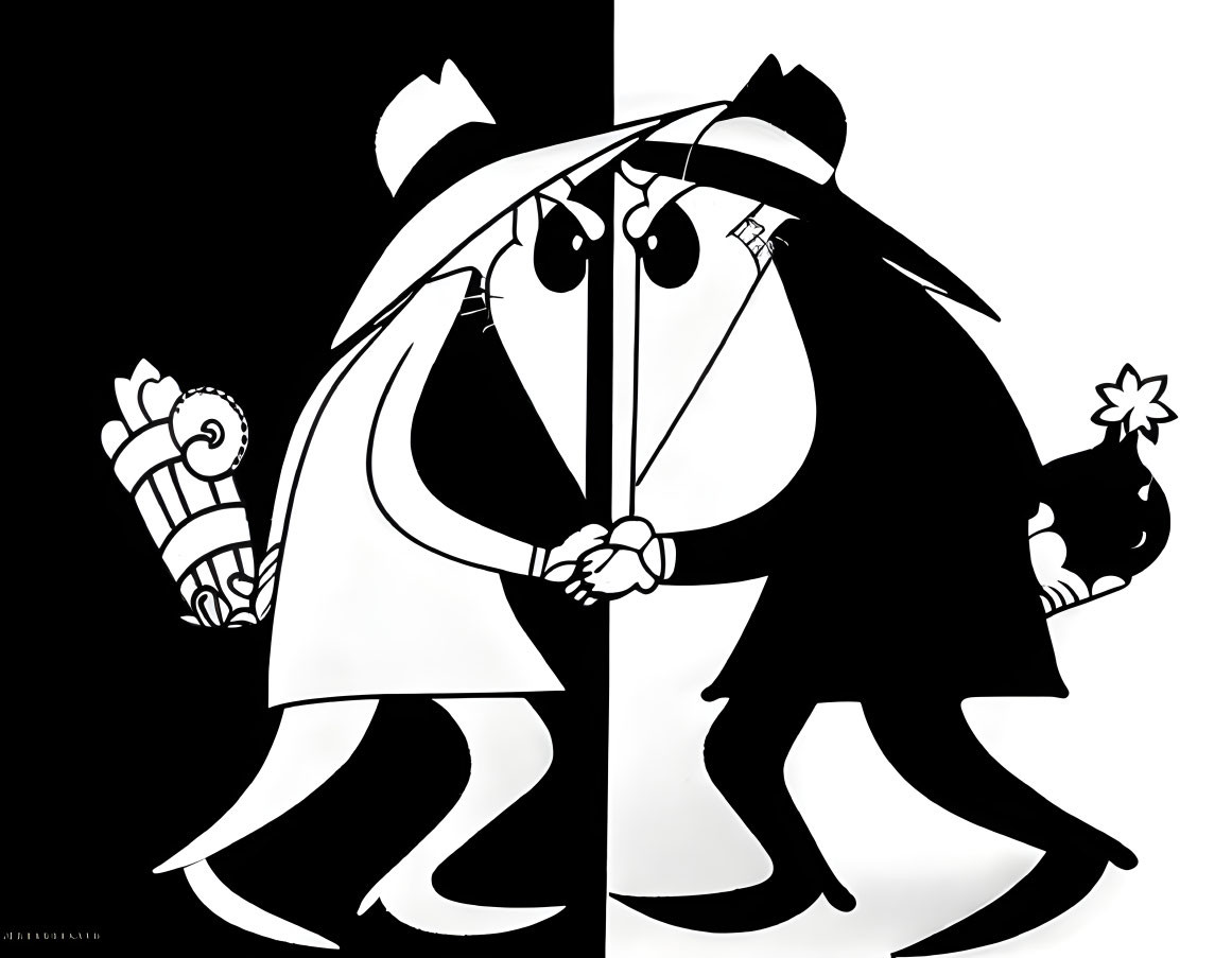 Split black and white Spy vs Spy characters with bomb and flower, facing off