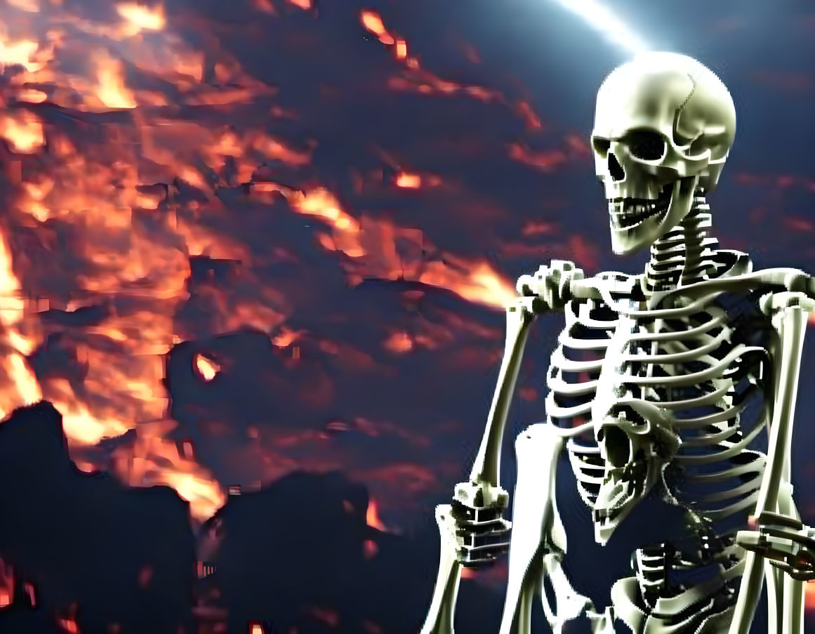 Human skeleton model against fiery sky with clouds