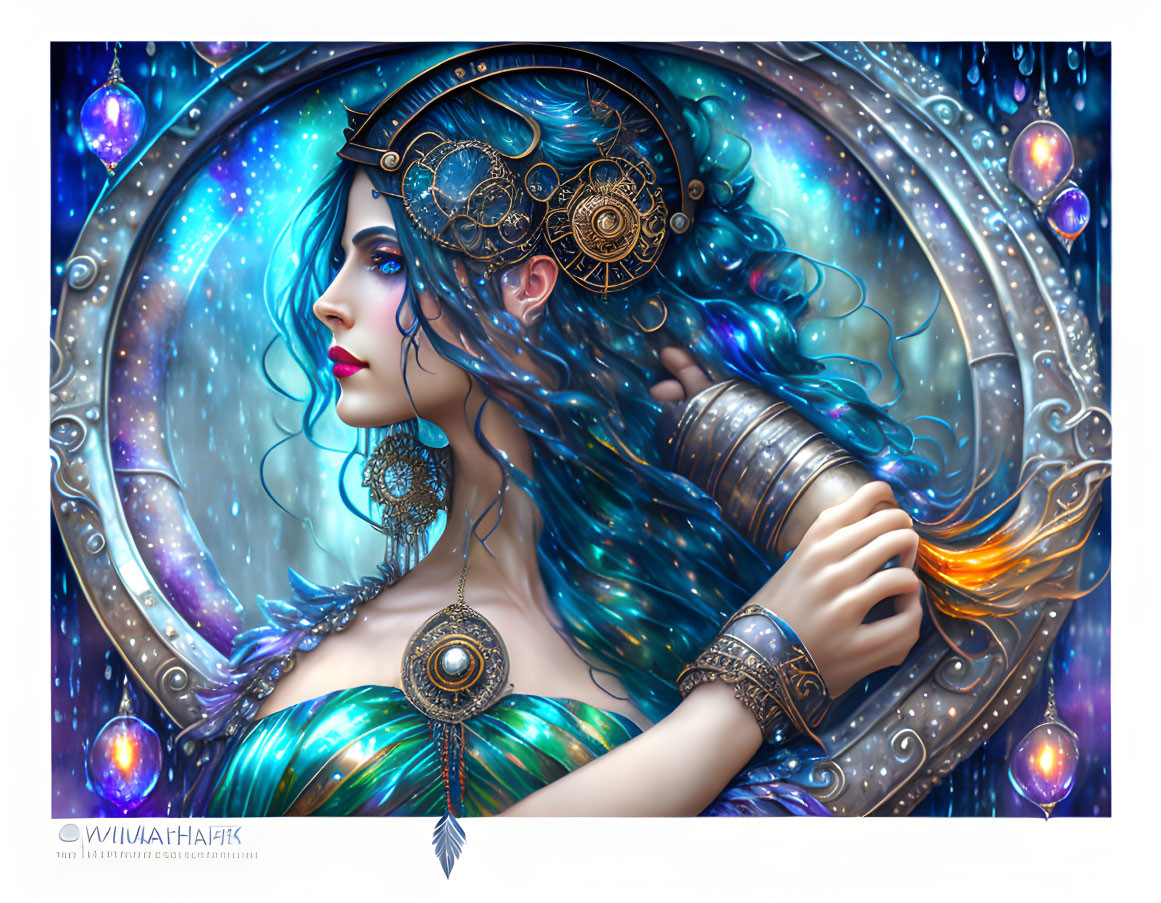 Fantastical illustration of woman with blue wavy hair and telescope surrounded by orbs