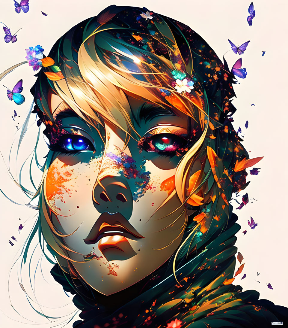 Colorful digital portrait featuring woman with butterflies and vibrant splashes.