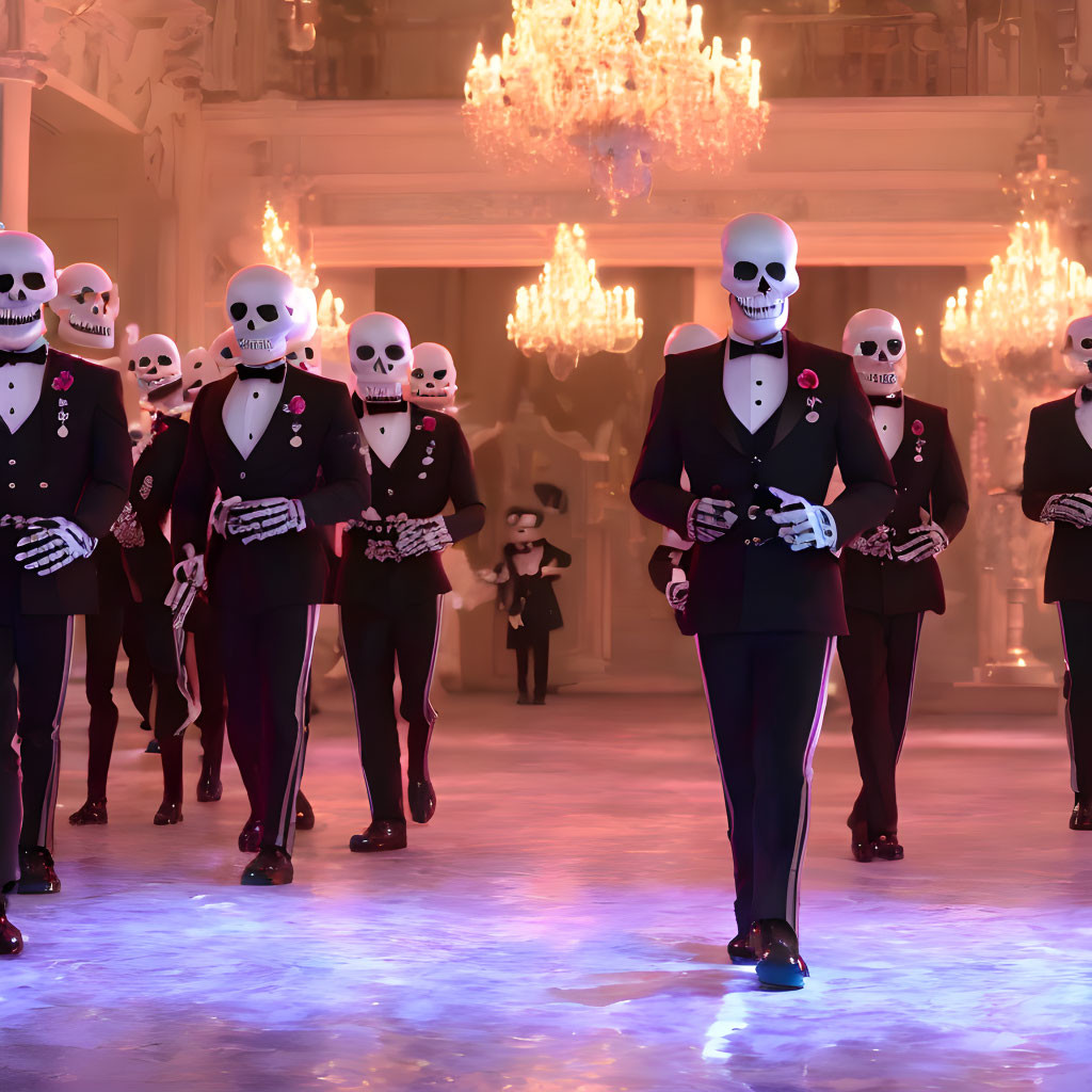 Group of people in skull masks in grand ballroom with chandeliers