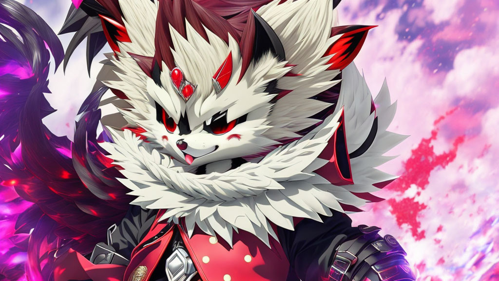 Illustrated character with white and red fur, sharp eyes, fierce expression, armor, vivid backdrop