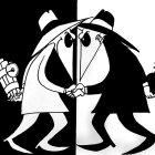 Stylized black and white split illustration of mirrored figures in trench coats and fedoras