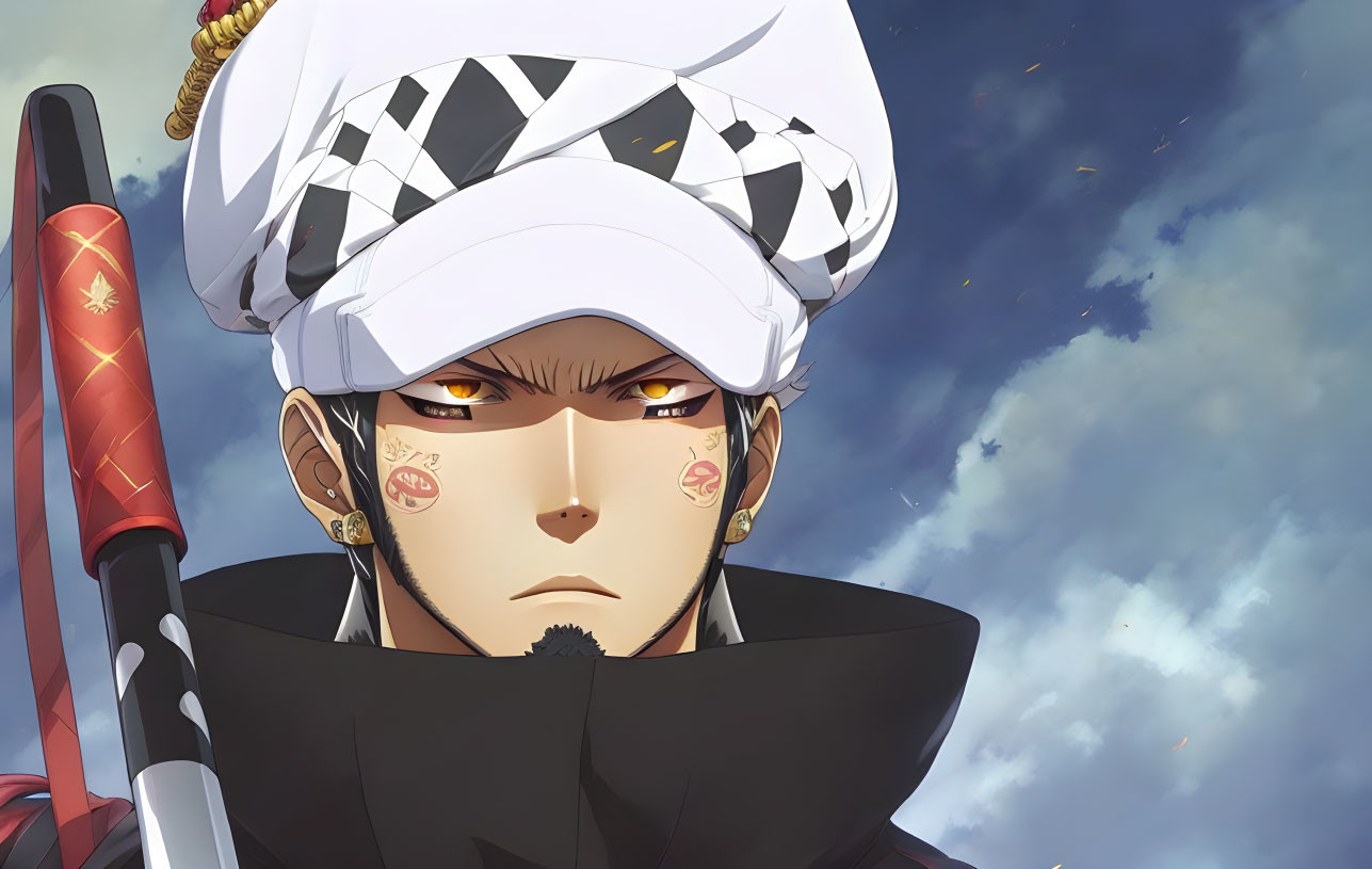 Animated character with checkered headband and sword against sky backdrop
