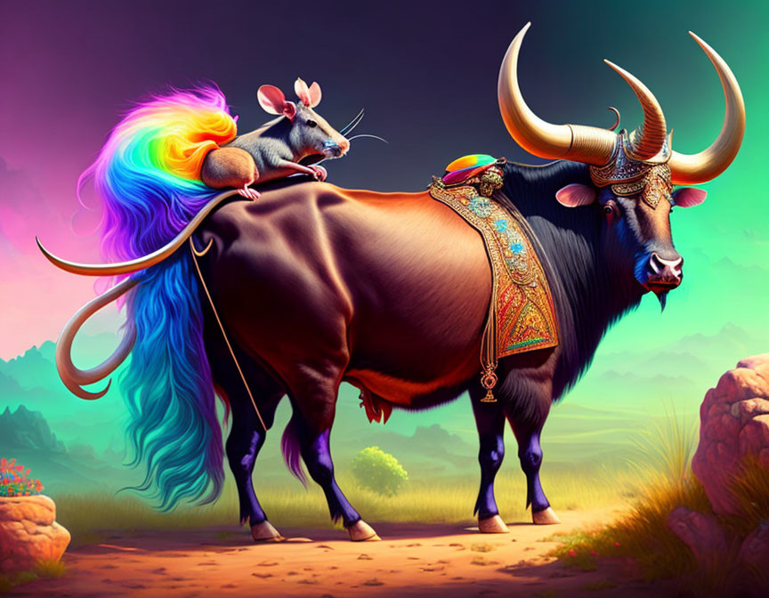 Colorful bull illustration with iridescent horns and rainbow tail, featuring a mouse on its back,