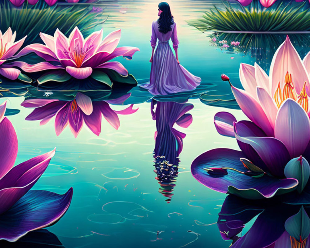 Woman in Purple Dress Among Vibrant Pink Water Lilies