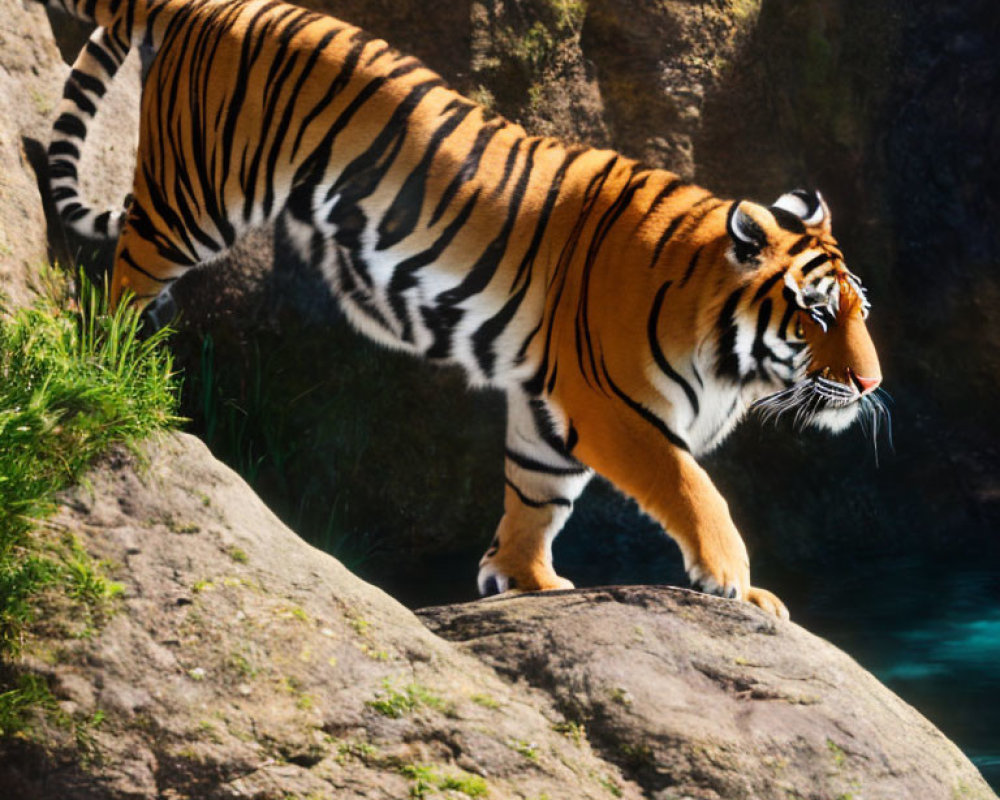 Majestic tiger on boulder with lush cliffs and blue water