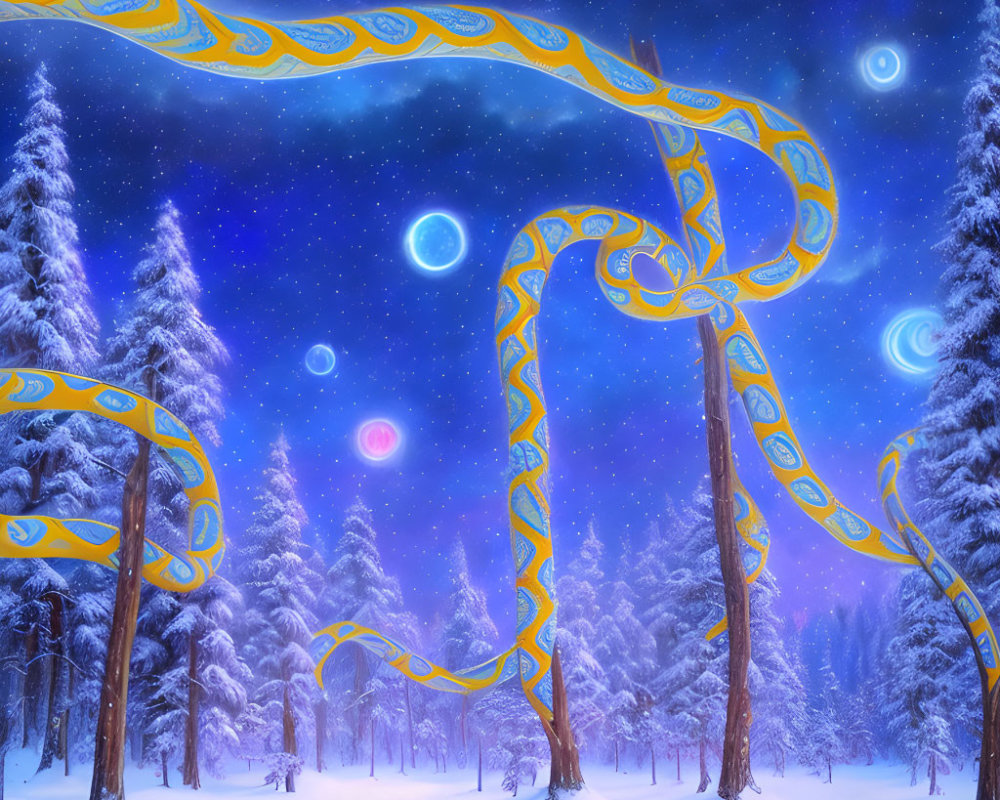 Glowing golden serpentine structures in snowy forest under starry sky