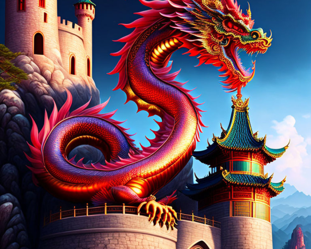 Majestic red and gold dragon coiled around ancient pagoda-style castle