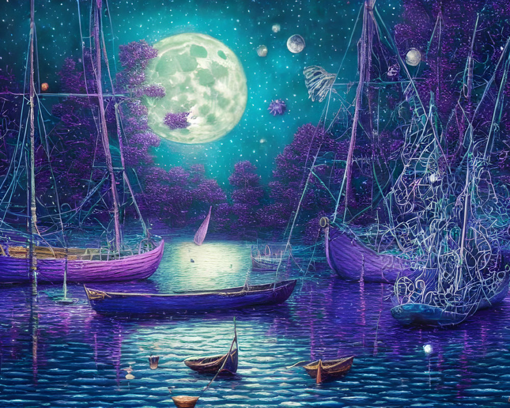 Nocturnal fantasy seascape with glowing moon, boats, luminescent trees, and hovering butterflies