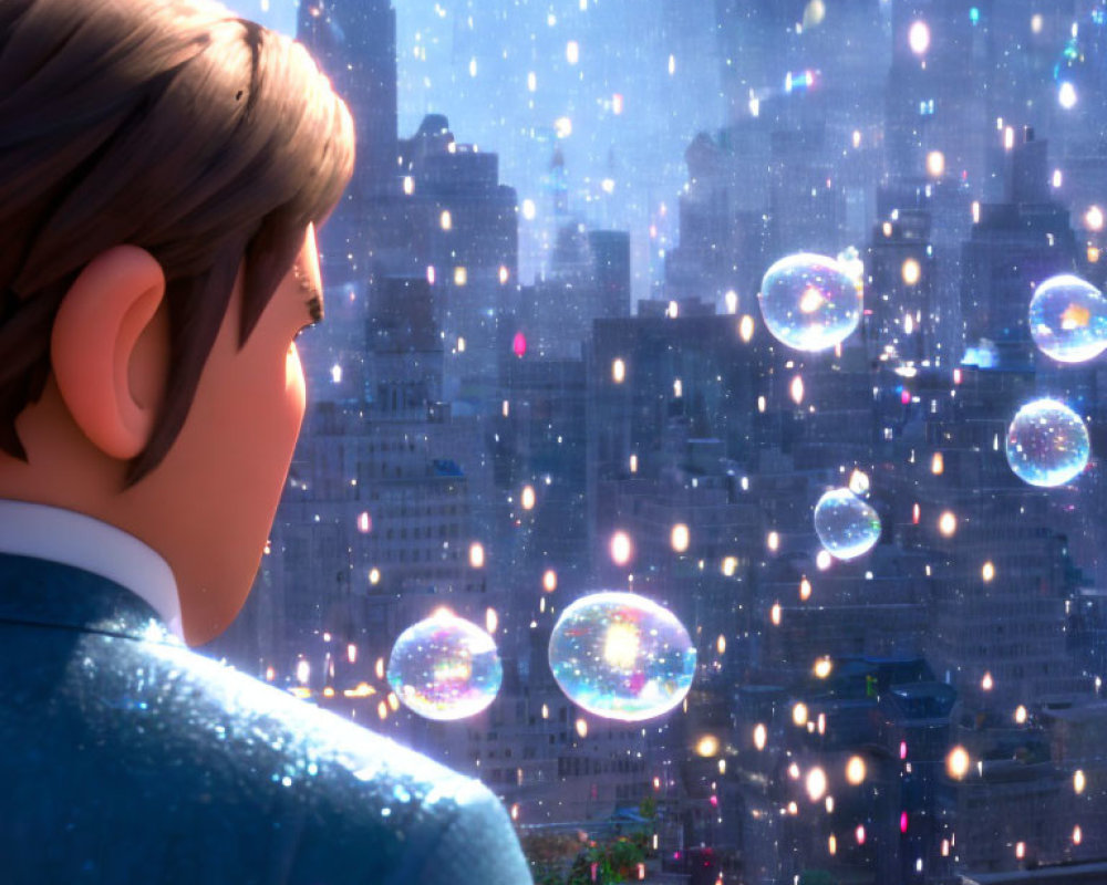 Animated character in sunlit cityscape with floating soap bubbles