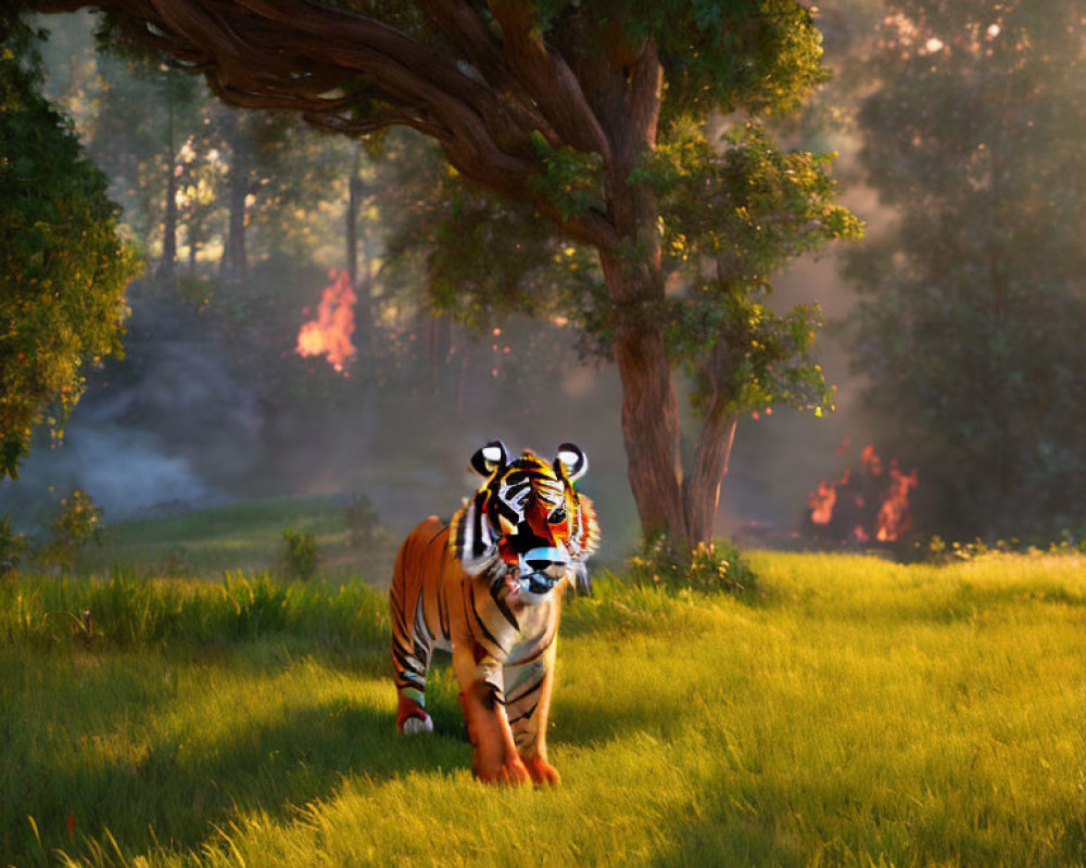 Striped tiger in sunlit forest glade with vibrant coat