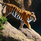 Majestic tiger on boulder with lush cliffs and blue water