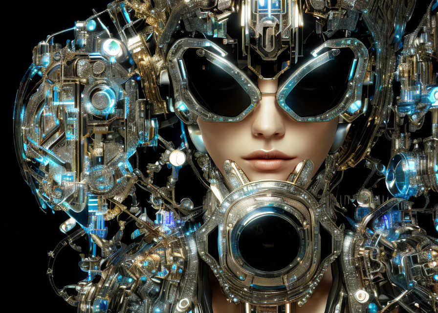 Detailed portrait of female figure in futuristic metallic headpiece and dark sunglasses with intricate mechanical designs and glowing blue