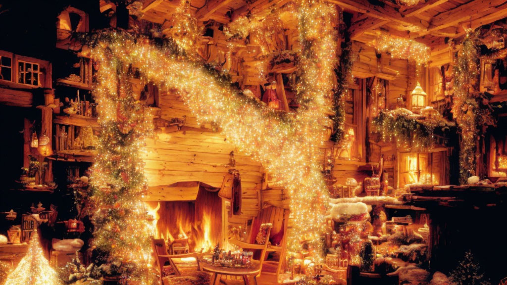 Festive log cabin interior with Christmas decorations