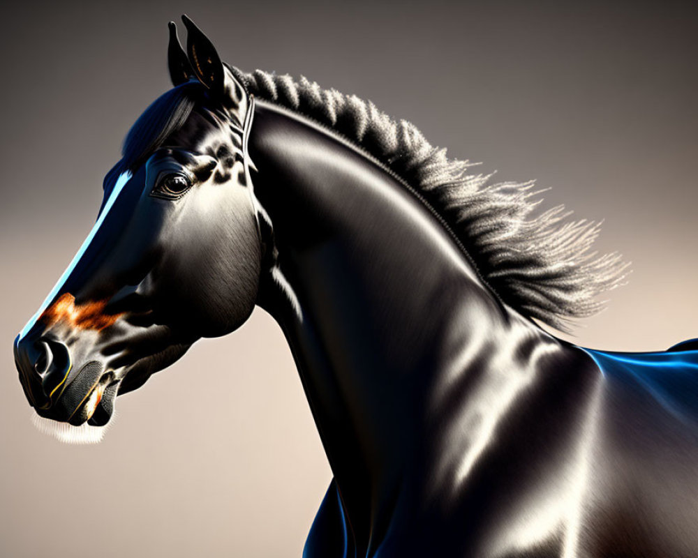 Majestic black horse with glossy coat and well-groomed mane on neutral background