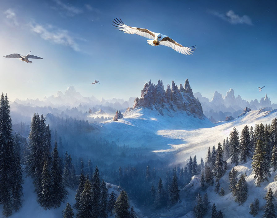 Snow-covered forest with soaring eagles and mountain peak under clear blue sky