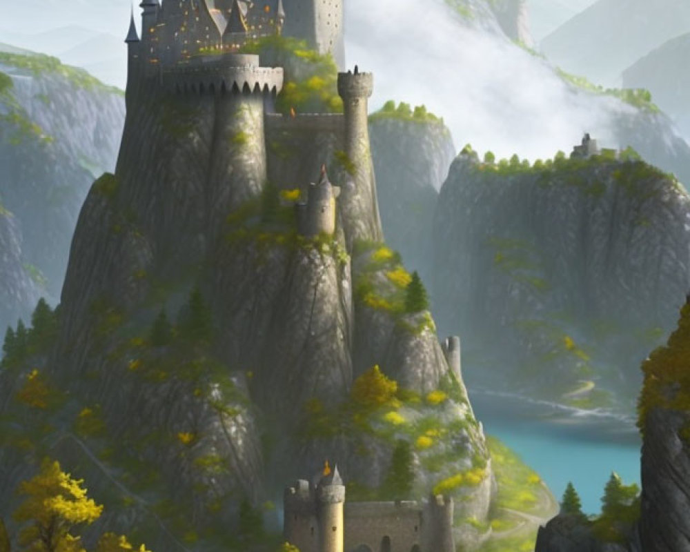 Majestic castle on steep rocky outcrop in lush green valley