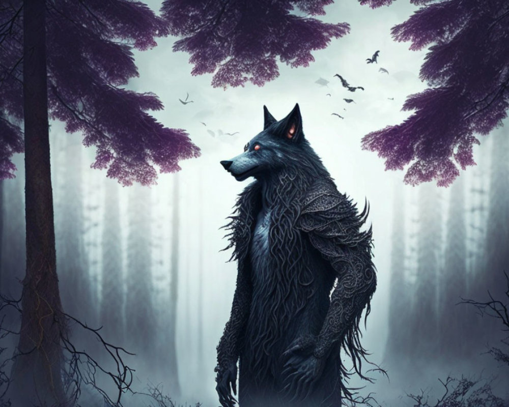 Mystical black wolf in foggy forest with purple trees and flying birds