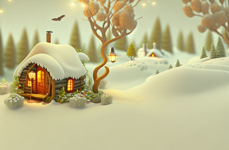 Hobbit cottage under snow 