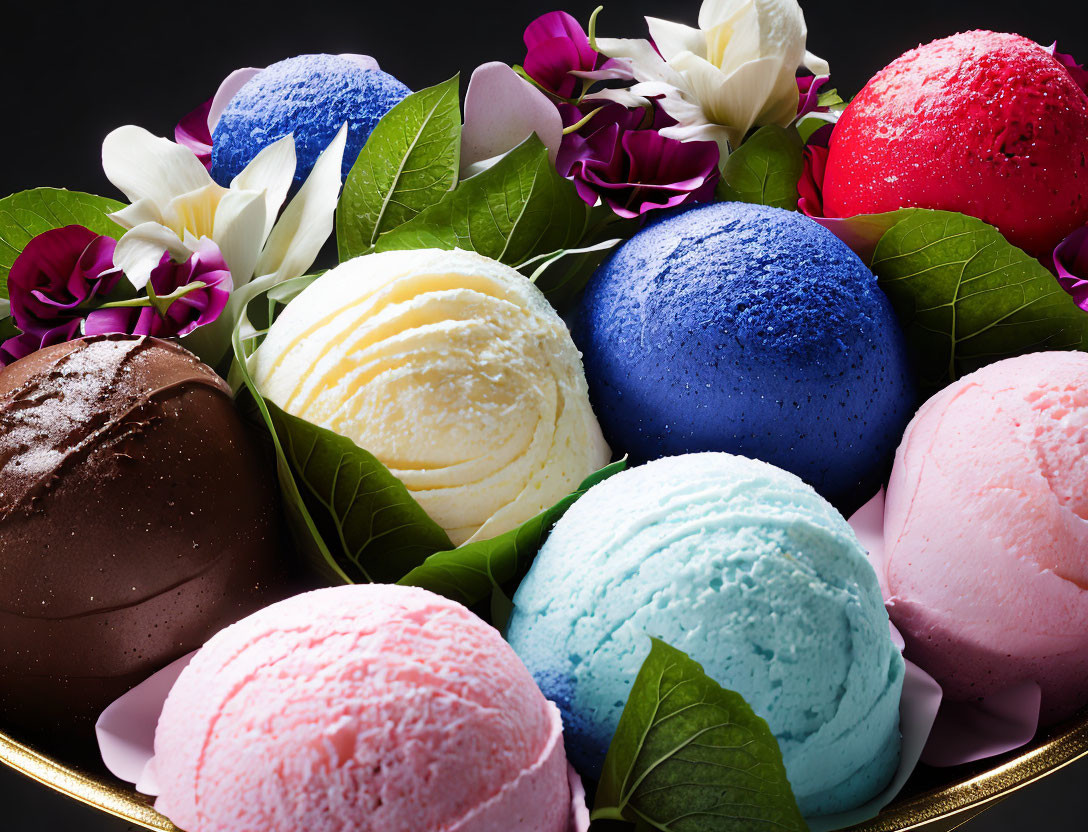 Vibrant ice cream scoops with leaves and flowers on dark backdrop