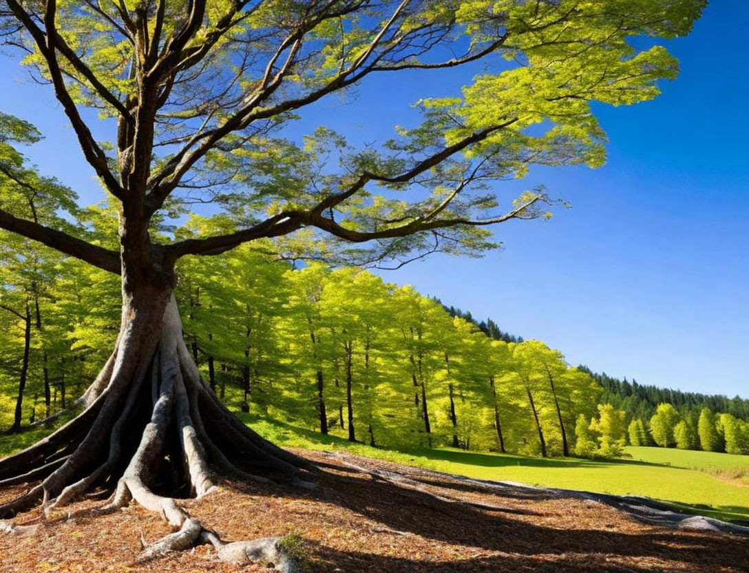 Majestic tree with sprawling roots and lush green foliage in serene meadow