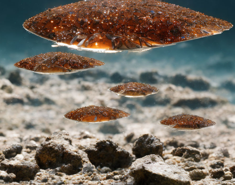 Underwater starfish resembling floating spaceships above rocky sea floor
