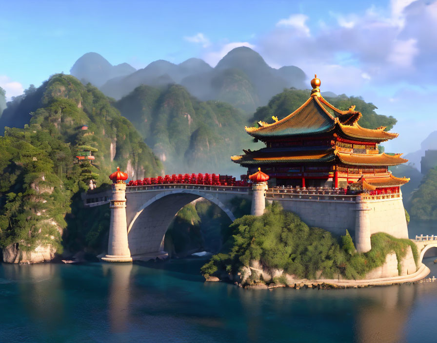 Traditional Chinese bridge and pavilion in misty mountain setting with calm river and clear skies