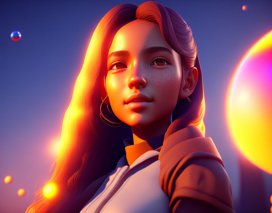 Serene animated character with glowing orange hair in twilight setting