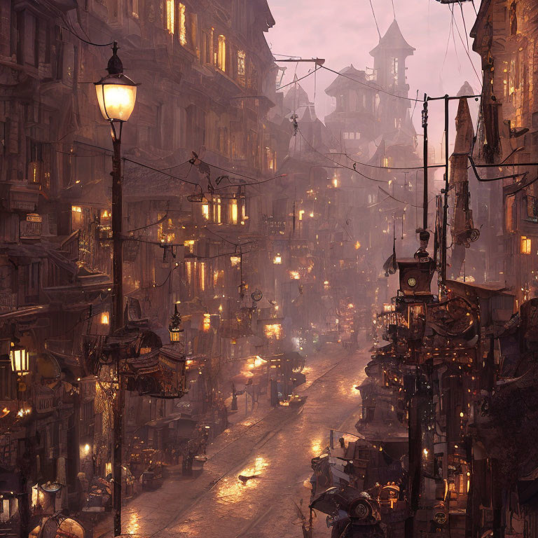 Vintage buildings and lantern-lit street in old-world cityscape at dusk