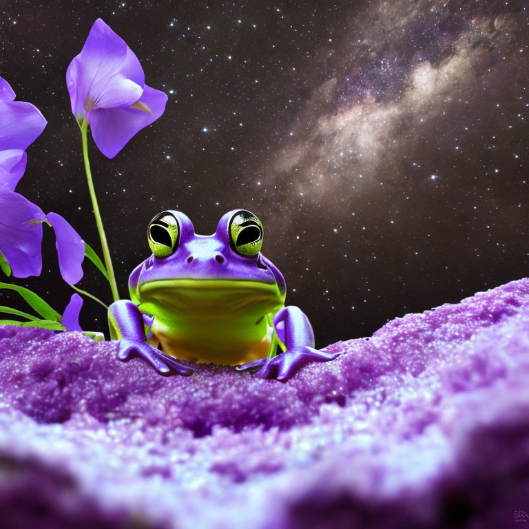 Purple and Green Frog Illustration on Purple Surface with Flower and Starry Sky