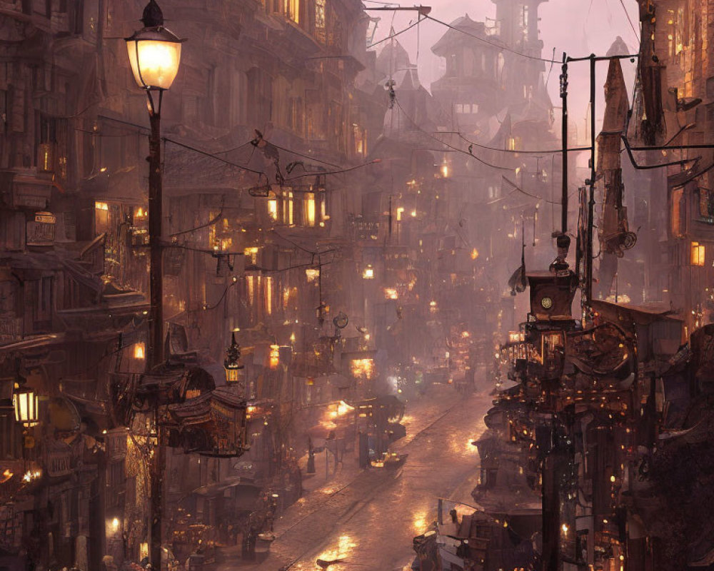 Vintage buildings and lantern-lit street in old-world cityscape at dusk