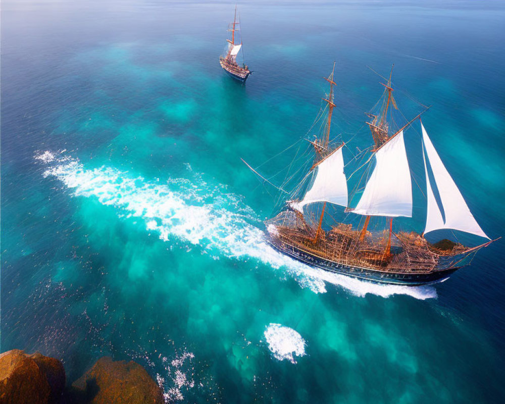 Tall ships with billowing sails on vibrant blue ocean near rocky coast