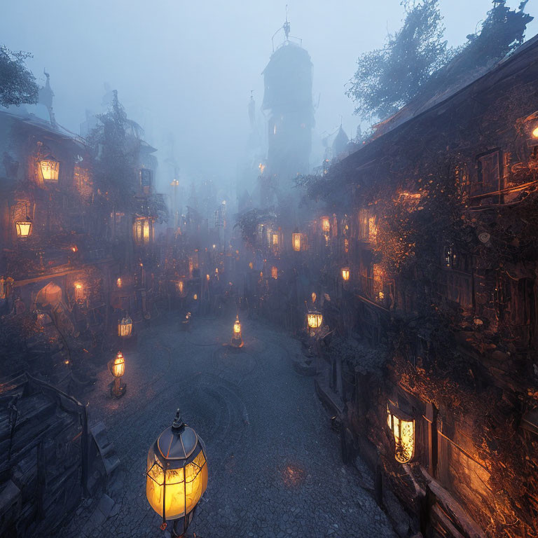 Misty cobblestone street in deserted medieval village at dusk