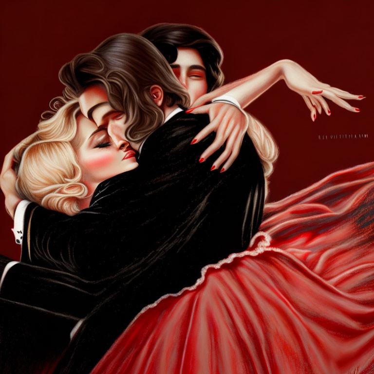 Illustration of romantic embrace with man and two women in vintage attire