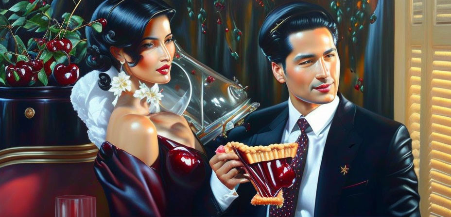 Vintage Attired Elegant Couple with Wine Glass and Cherry in Luxurious Setting