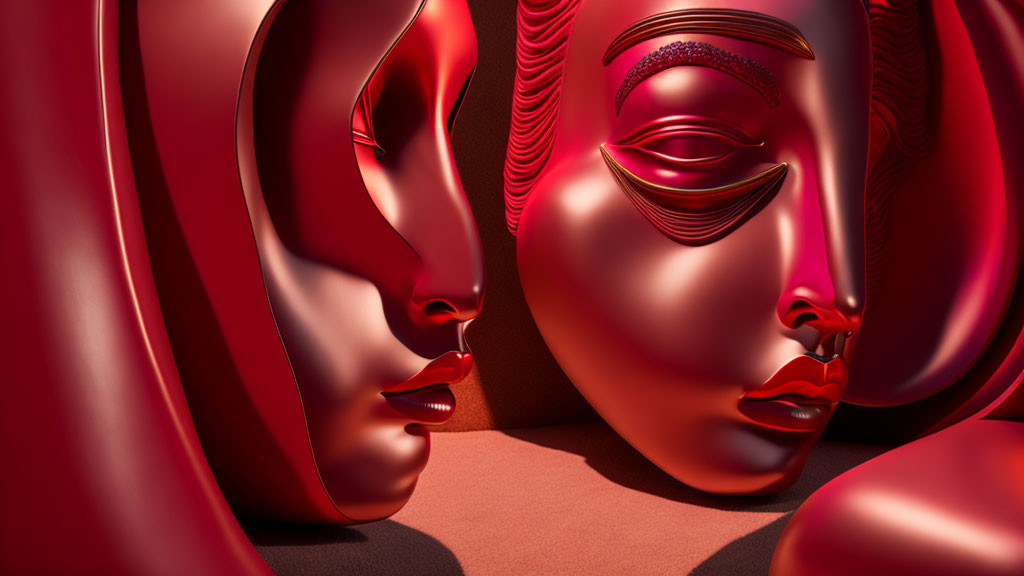 Symmetrical glossy red humanoid masks on textured red background