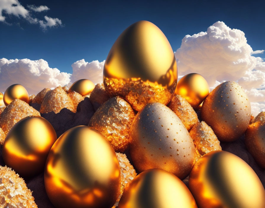 Golden Eggs Nestled Under Vibrant Blue Sky