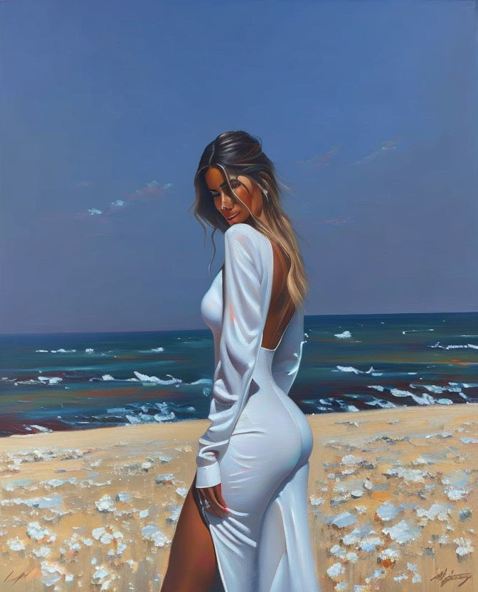 Woman in white dress on beach looking over shoulder with sea and blue sky.