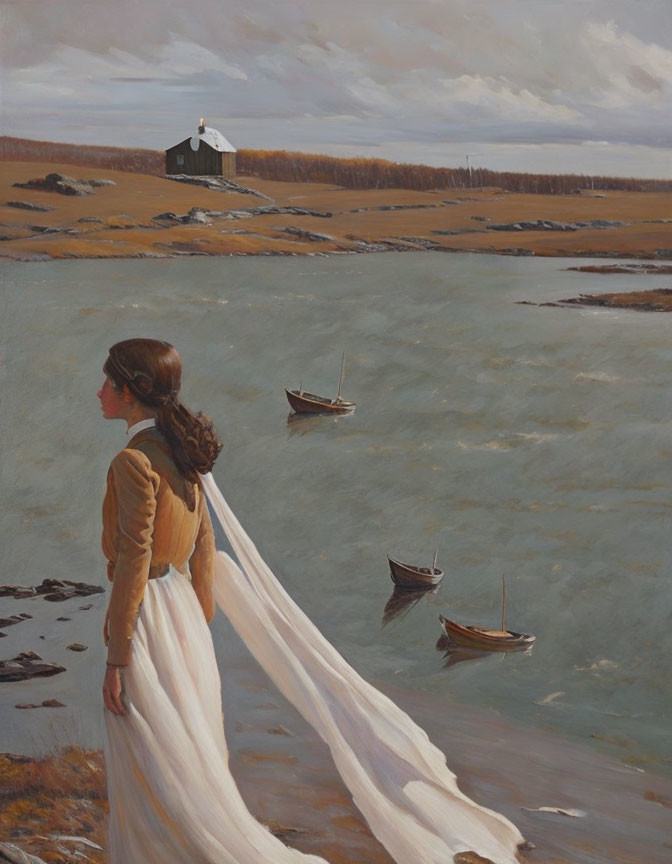 Woman in White Dress and Tan Shawl by Coastal Scene with Boats and White Building under Cloudy