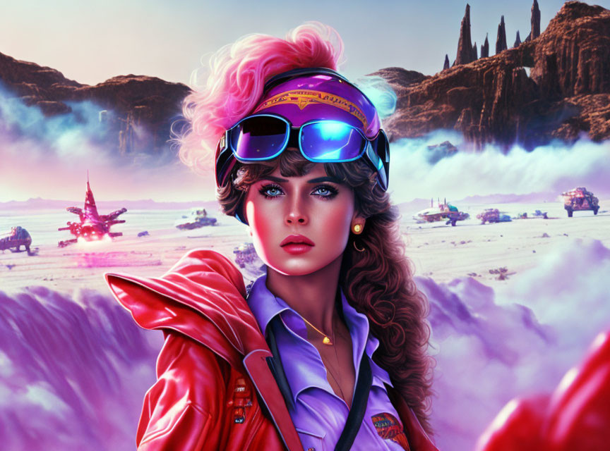 Stylized portrait of woman with pink hair in reflective goggles on futuristic battlefield