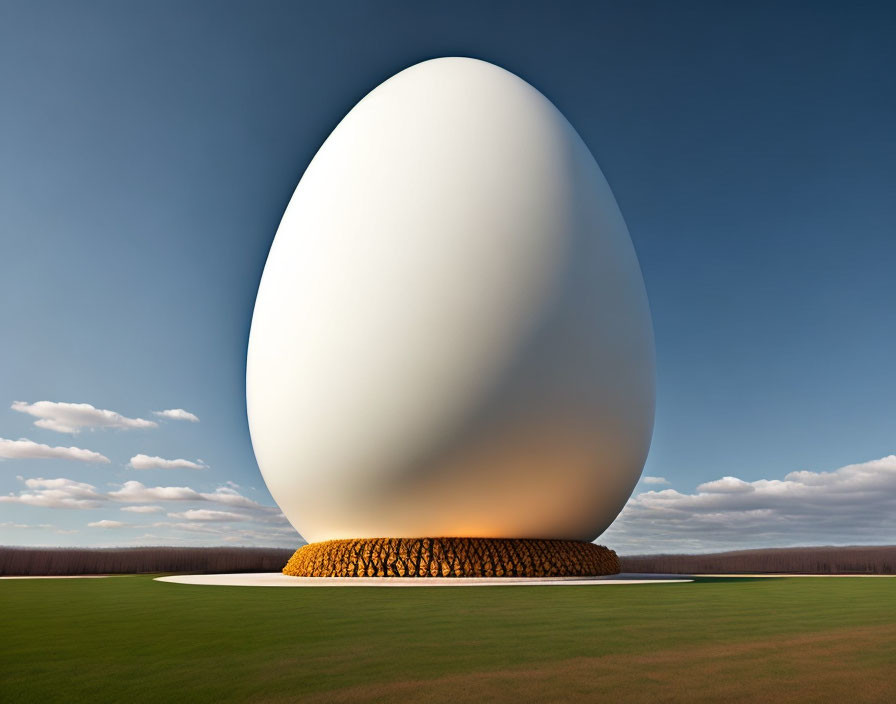 Egg-shaped structure on woven twig base in open field under blue sky