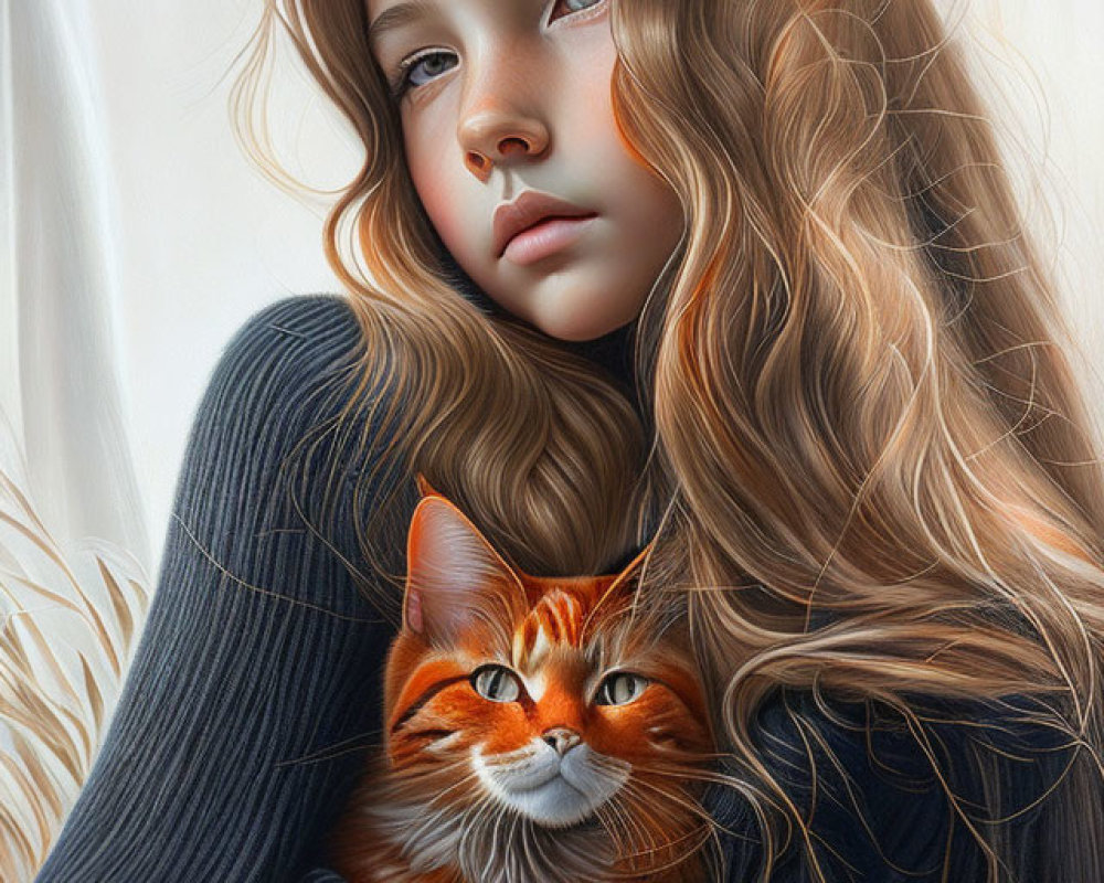 Girl with Curly Hair Holding Orange Tabby Cat and Plate of Orange Slices