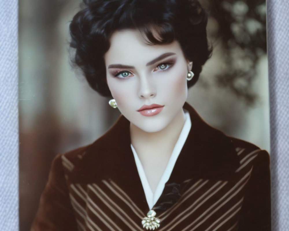 Vintage makeup portrait of a woman with black wavy hair and green eyes in a brown suit.