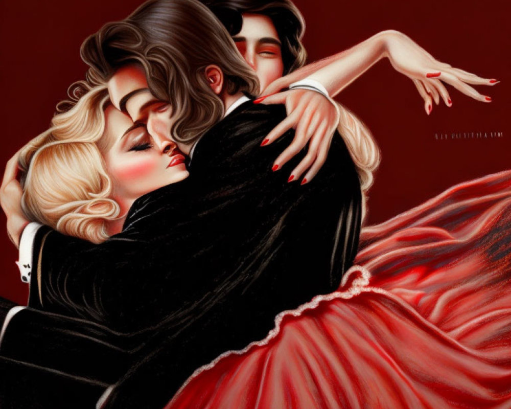 Illustration of romantic embrace with man and two women in vintage attire