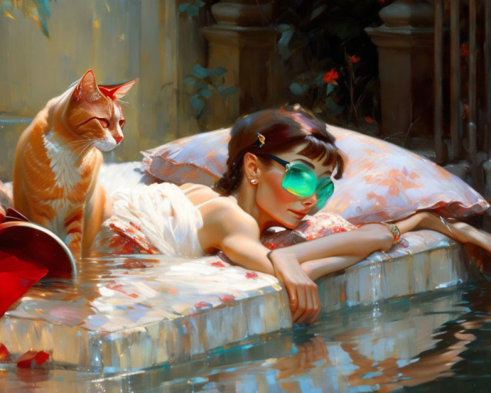 Woman Relaxing in Pool with Ginger Cat Under Sunlight