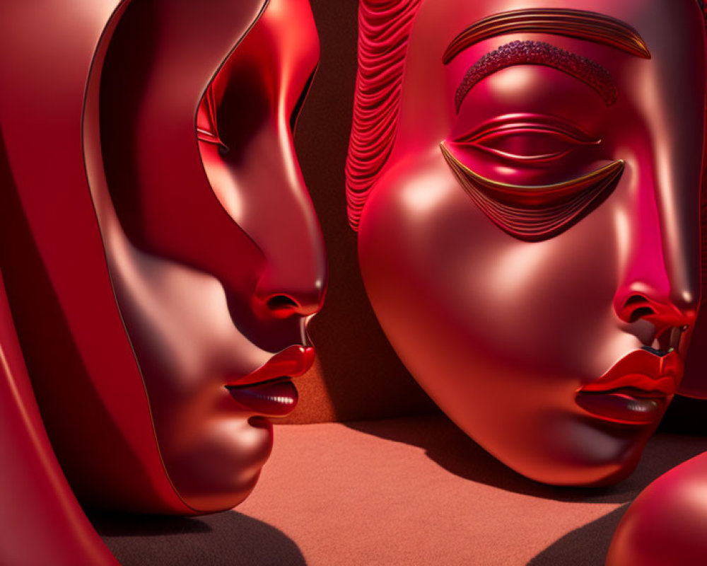Symmetrical glossy red humanoid masks on textured red background