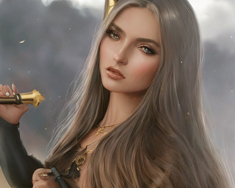 Fantasy warrior woman digital illustration with sword and gray hair.