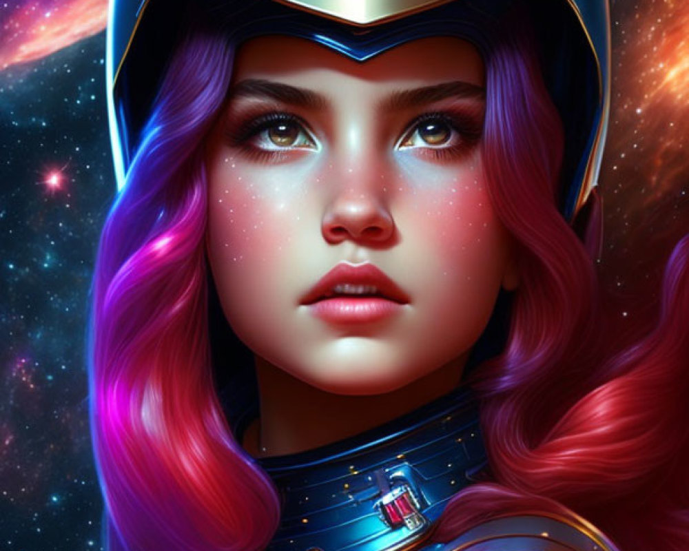 Digital artwork of woman with purple hair in superhero costume & helmet on cosmic background.