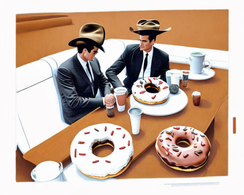 Two Men in Suits and Cowboy Hats with Oversized Donuts and Coffee